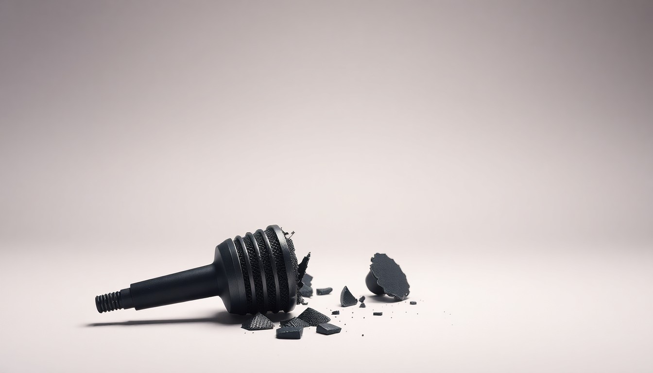 A high-end, photorealistic studio still-life photograph featuring a broken microphone on a clean, monochromatic background, representing the struggle for equal treatment of female journalists.