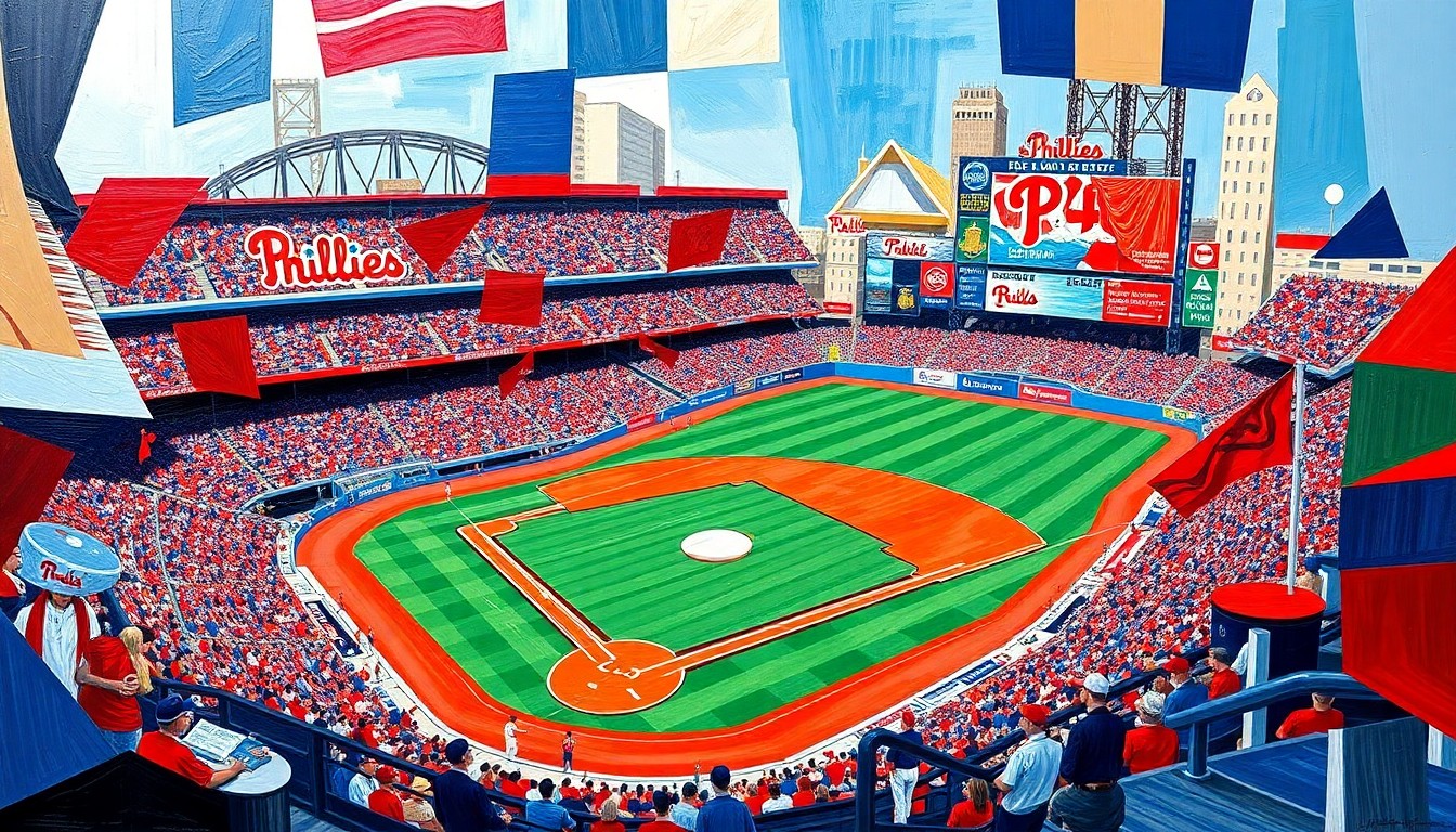 A fractured, multi-perspective painting in vibrant red, white, and blue hues, breaking down a Phillies baseball game into sharp, overlapping geometric planes to conceptually represent the team's early-season offensive struggles and the passionate reactions of their fanbase.