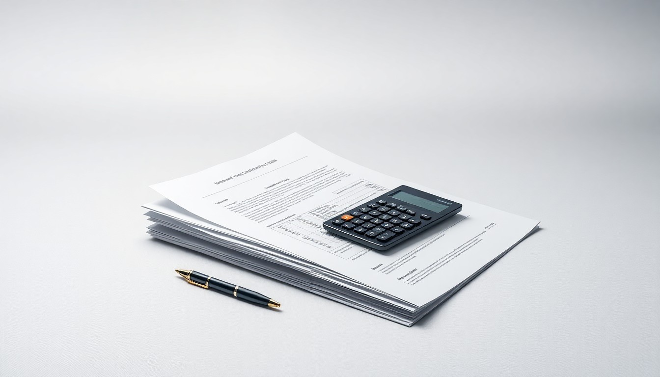 A minimalist studio still life featuring a stack of financial documents, a calculator, and a pen arranged elegantly on a clean, monochromatic background, conceptually representing the analytical and strategic nature of middle market restructuring work.