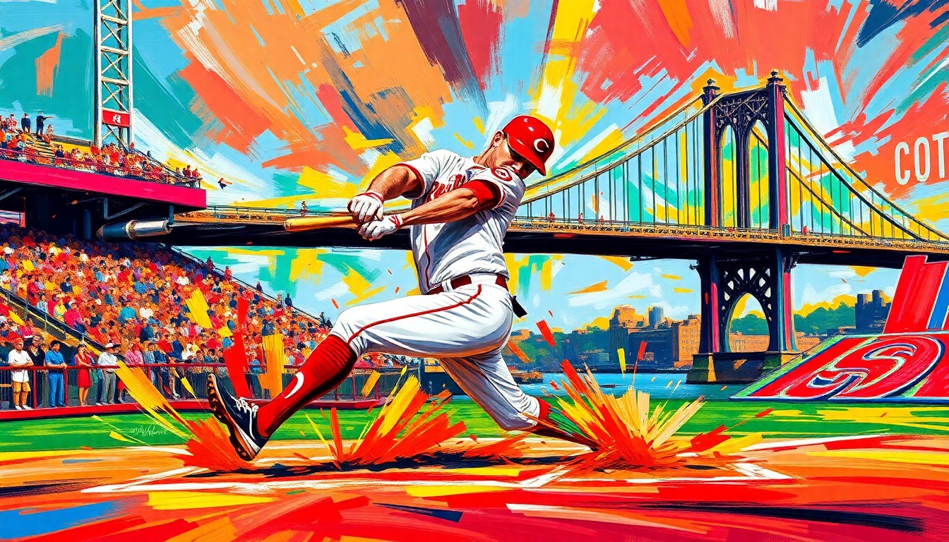 An abstract, expressionist painting in vibrant red, black, and neon colors, depicting a Cincinnati Reds baseball player sliding into home plate with the Roebling Suspension Bridge visible in the background, conveying the dynamic energy and community pride of the team's new City Connect jerseys.