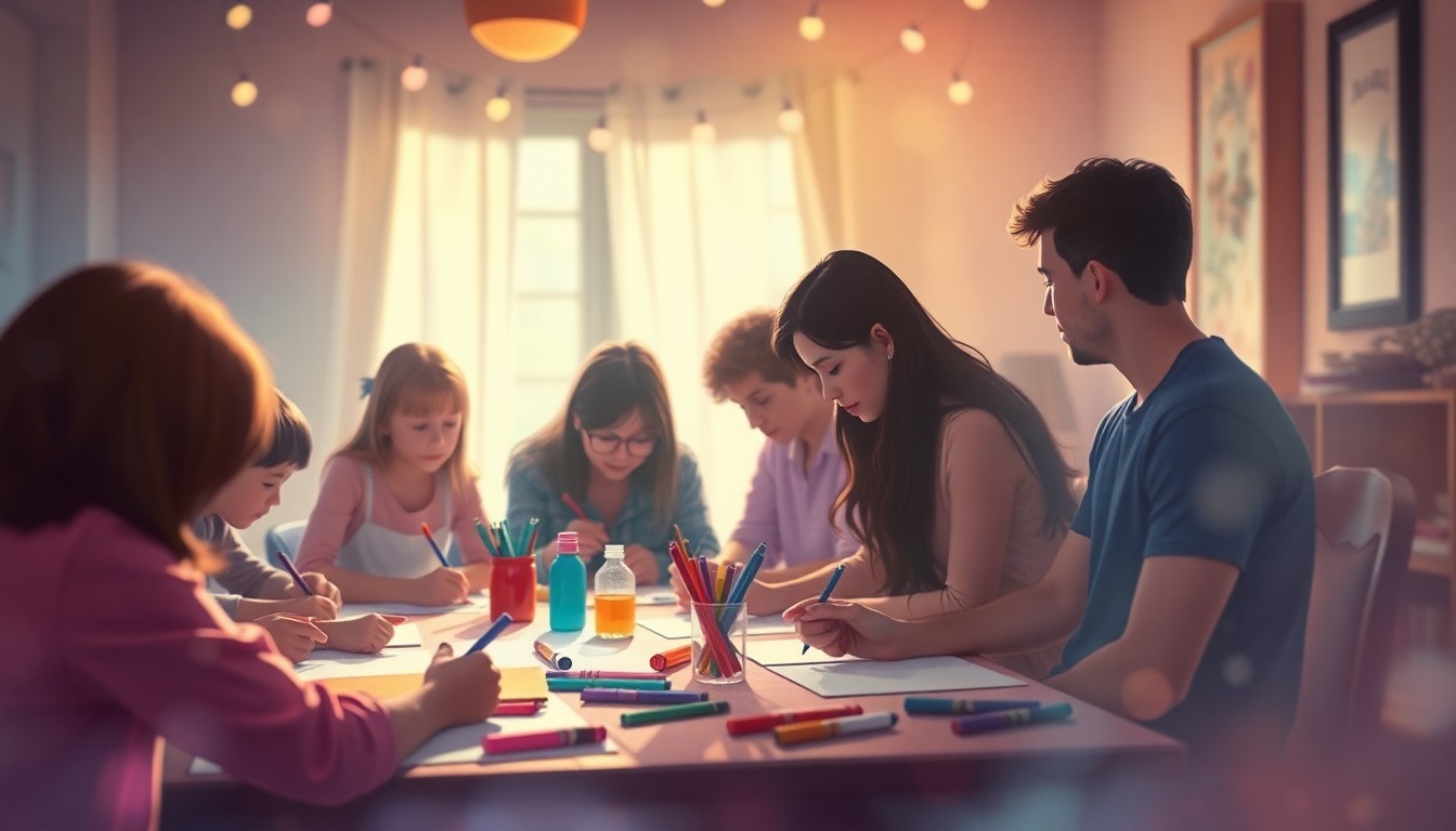 An abstract, out-of-focus scene of people gathered around a table, coloring with art supplies in a warm, inviting atmosphere. Soft pools of light and color create a dreamlike, intimate mood.