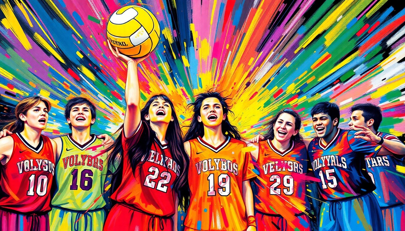 An abstract expressionist painting in vibrant neon colors, with rapid brushstrokes conveying the energy and excitement of a high school sports signing ceremony.