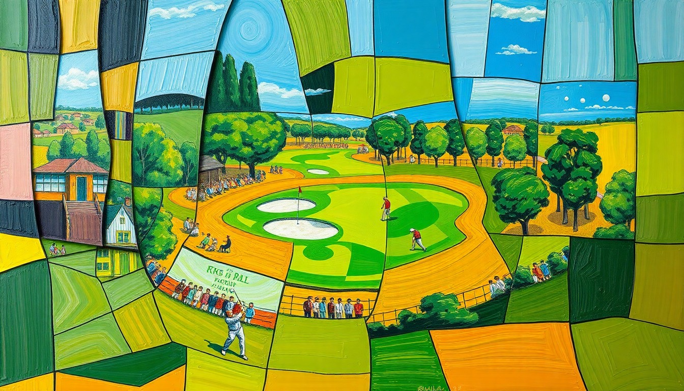 A cubist, geometric painting depicting a fractured, multi-angled view of a golf tournament scene, with sharp planes of green fairways, brown bunkers, and blue skies, conveying the complex debate over golf ball distance.
