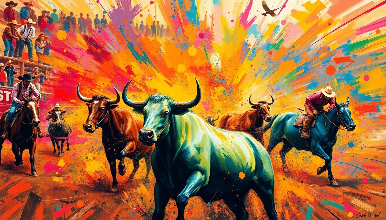 An abstract expressionist painting in neon colors depicting the dynamic motion and energy of a collegiate rodeo event, with bulls, cowboys, and rodeo equipment blending together in a vibrant, textured composition.