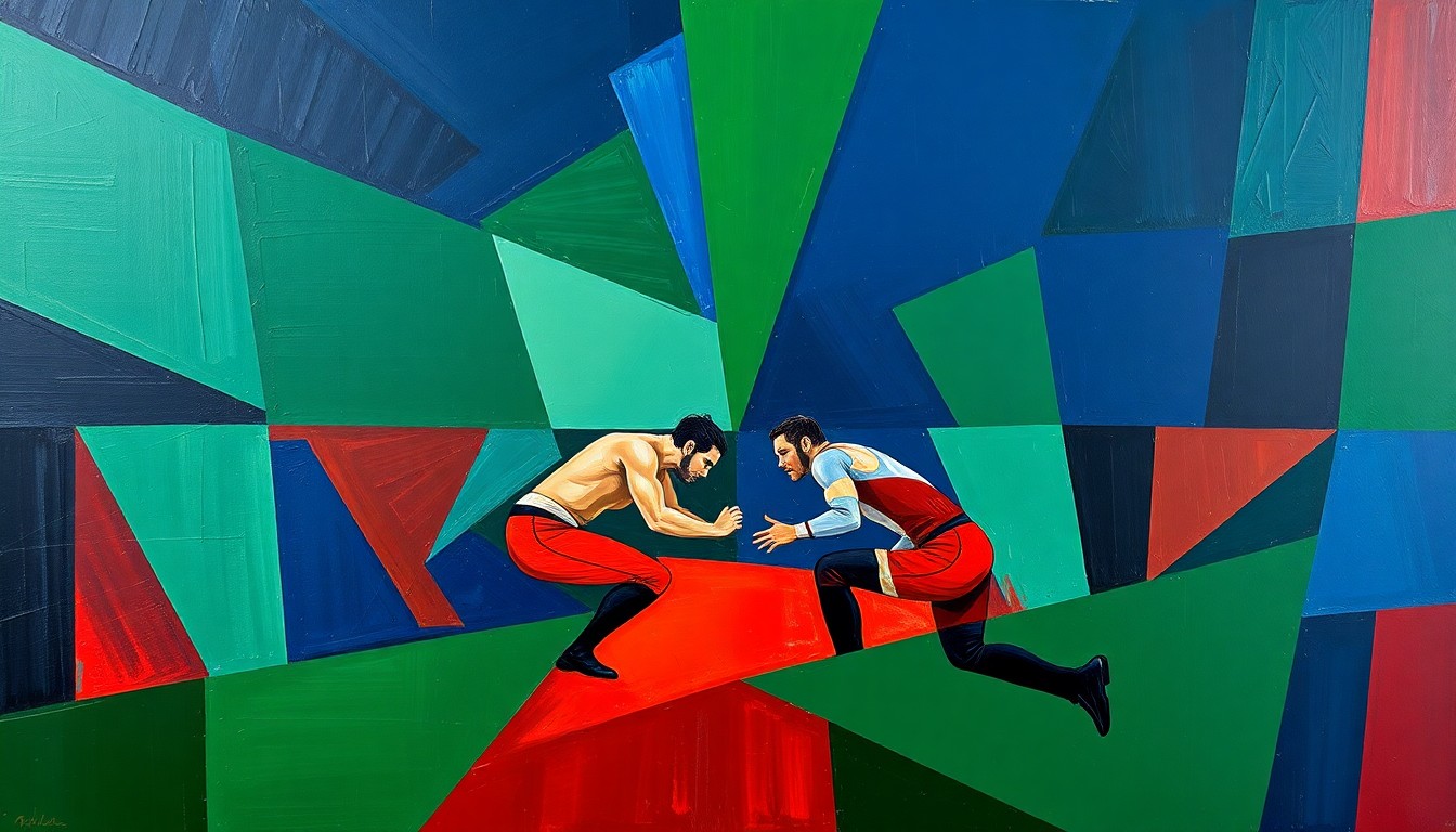A cubist-style painting depicting a wrestling match broken down into fragmented, overlapping geometric shapes in navy, green, and red, conveying the dynamic movement and intensity of the sport.