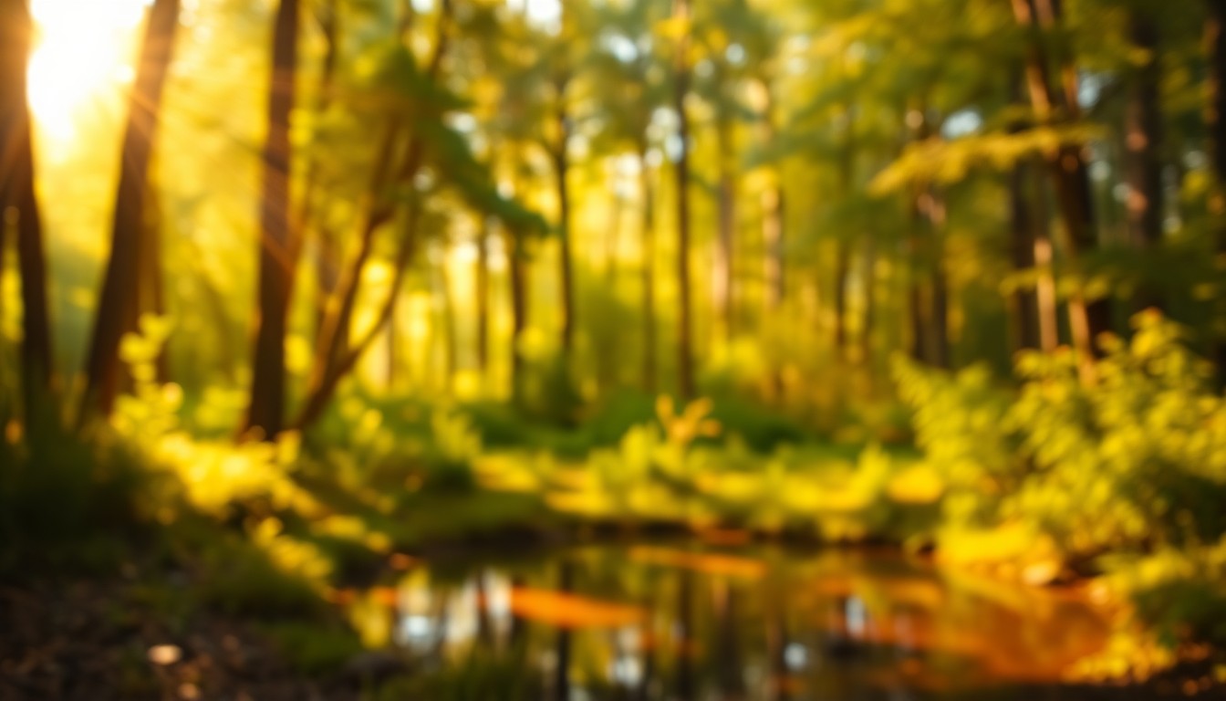 An abstract, impressionistic photograph of a sun-dappled forest clearing with a small pond, capturing the serene and inviting atmosphere of the property.