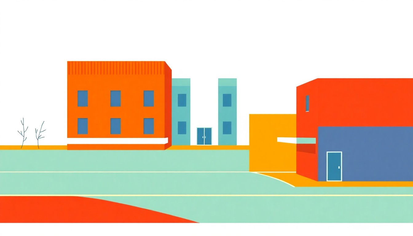 A vibrant abstract illustration composed of overlapping triangles and rectangles in shades of blue, red, and yellow, conceptually representing the complexities of commercial property tax assessments.
