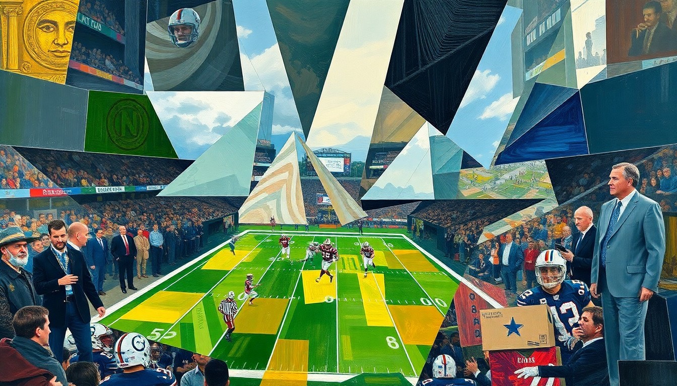 A fractured, multi-perspective painting depicting a football game or NFL draft scene, broken down into sharp, overlapping geometric planes in shades of green, gold, and navy blue, conceptually representing the Packers' strategic approach to the 2026 NFL Draft.