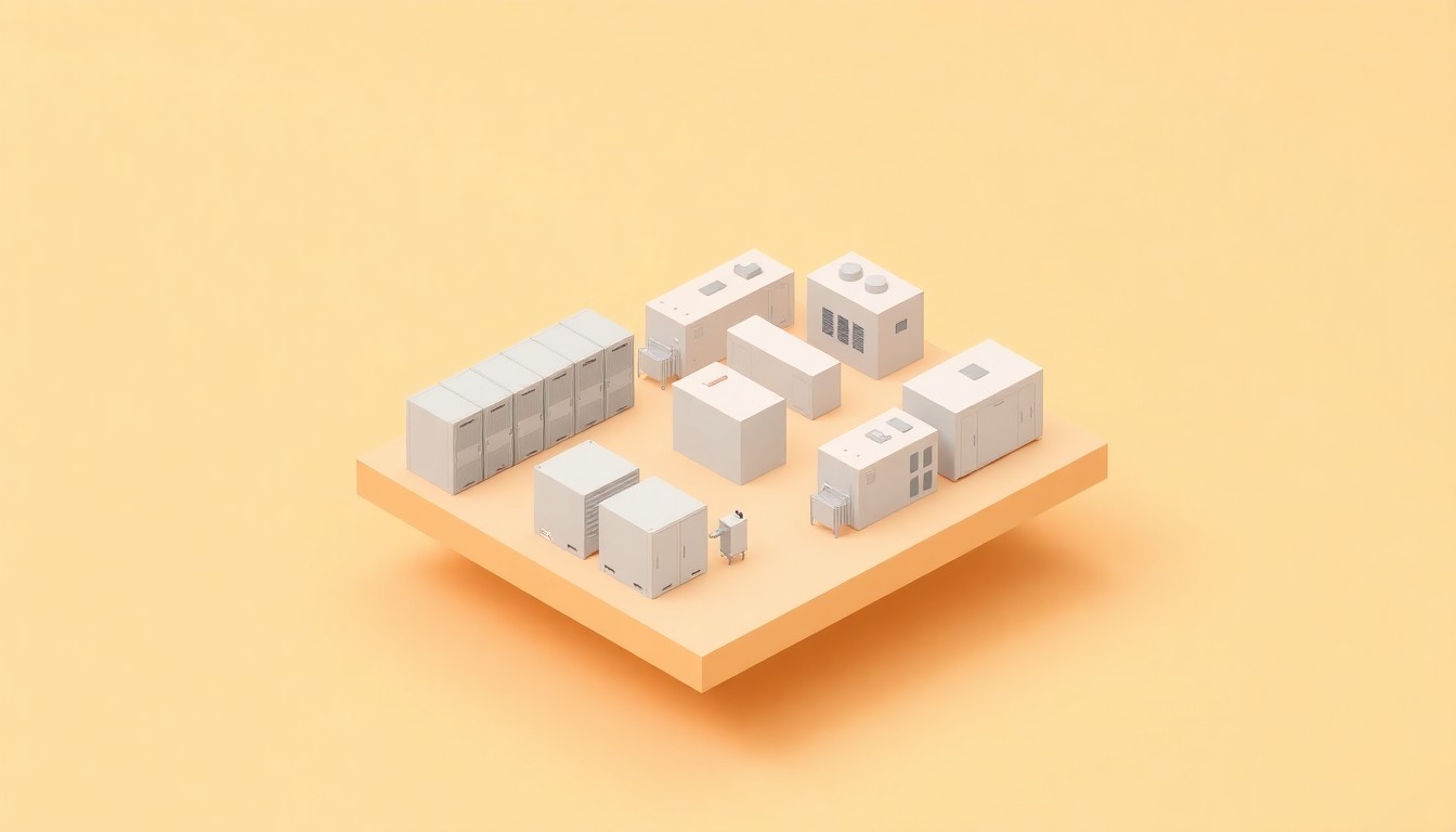 A clean, modern, isometric 3D digital illustration depicting a miniature, stylized energy storage facility with various modular components and equipment, representing Energy Vault's advanced technology and infrastructure being deployed in the Japanese market.