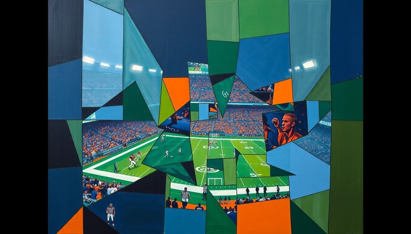 A fragmented, geometric painting depicting an abstract football scene, with sharp planes of color and overlapping shapes representing the unpredictable nature of the NFL Draft.