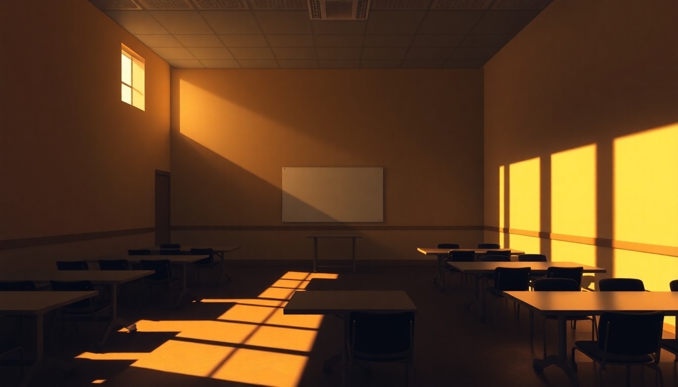 A dimly lit, cinematic painting of an empty student government meeting room, with warm sunlight streaming through the windows and deep shadows cast across the desks and chairs, creating a pensive, contemplative mood.