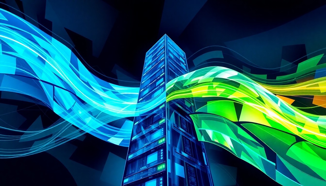 A dynamic, abstract painting of a data center tower in overlapping, fractured geometric shapes in shades of blue, green, and silver, conveying the fast-paced, high-tech nature of the industry.