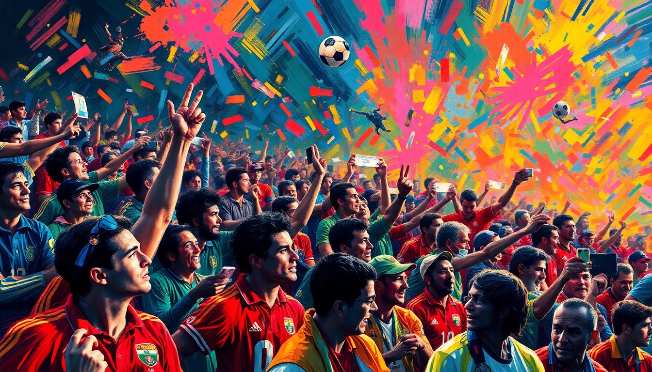 An abstract, energetic painting featuring bold, neon-colored brushstrokes that evoke the frenetic search for hidden World Cup tickets.