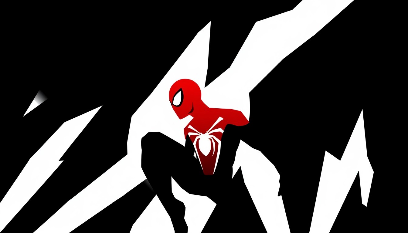 A striking abstract illustration featuring a bold, jagged black silhouette of Spider-Man's iconic mask set against a high-contrast red and white background, conceptually representing the anticipated comeback of Tobey Maguire's version of the character in the Marvel Cinematic Universe.