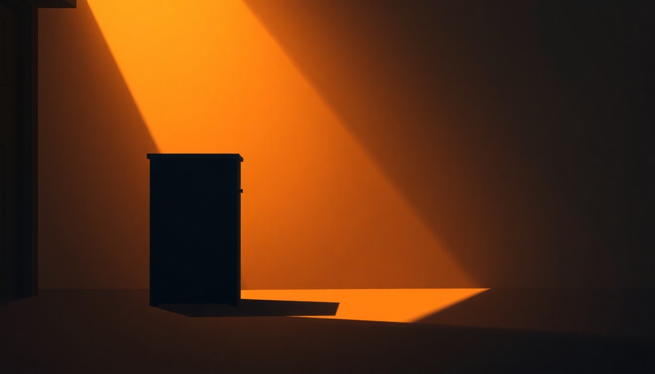 A serene, photorealistic painting of a lone ballot box sitting on a wooden table, with warm sunlight streaming in through a window and deep shadows cast across the scene, conveying a sense of quiet contemplation about the integrity of the electoral process.