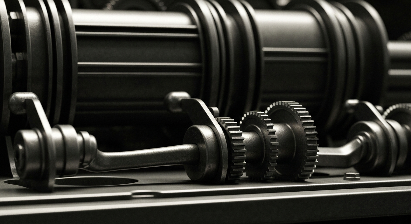An extreme close-up of intricate, industrial-looking banking machinery and equipment, conveying a sense of the complex financial infrastructure underlying the economy.