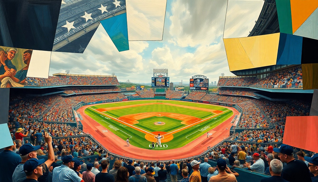 A fragmented, geometric painting depicting a baseball game or match, with sharp, overlapping shapes and planes representing the complex dynamics of the Mets' roster moves.