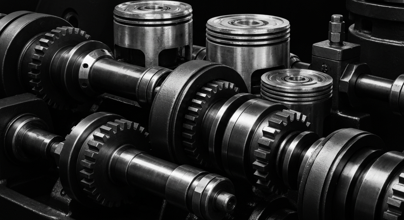 A high-contrast black and white close-up image of the complex inner workings of an industrial pump, conveying a sense of the company's engineering expertise and the vital role its products play in powering the economy.