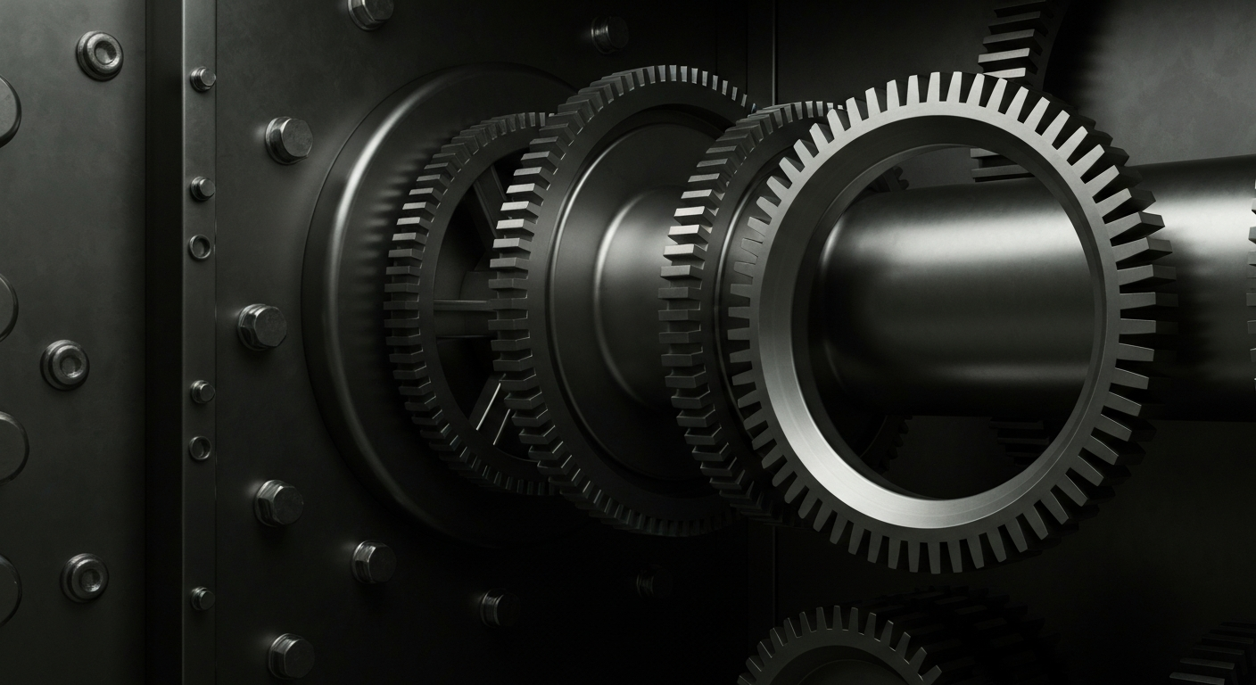 An extreme close-up of the complex, interlocking gears and mechanisms inside a bank vault, conveying the secure, powerful nature of the financial industry without using any text or symbols.