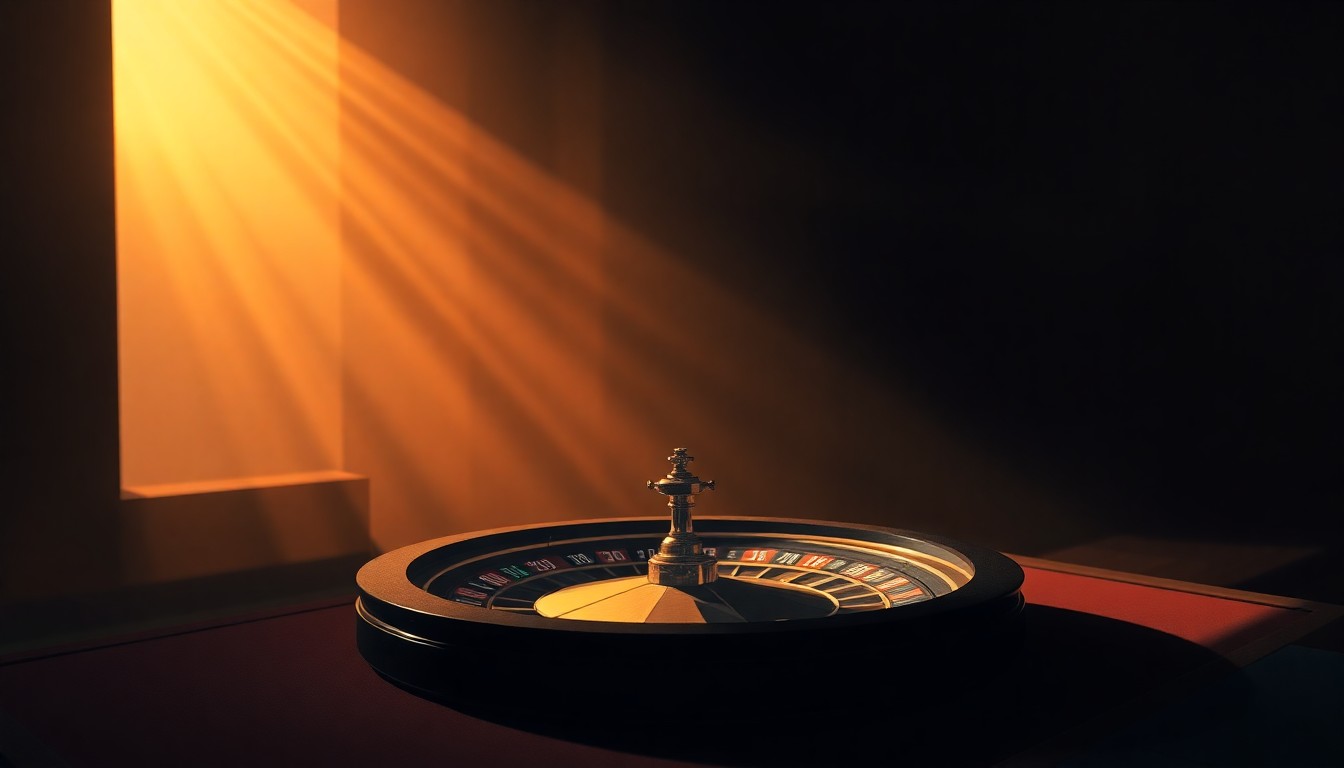 A serene, textured oil painting depicting a close-up of a roulette wheel, its shiny metal surface reflecting warm, golden light and casting dramatic shadows, conveying a sense of contemplation and regulation surrounding the gaming industry.
