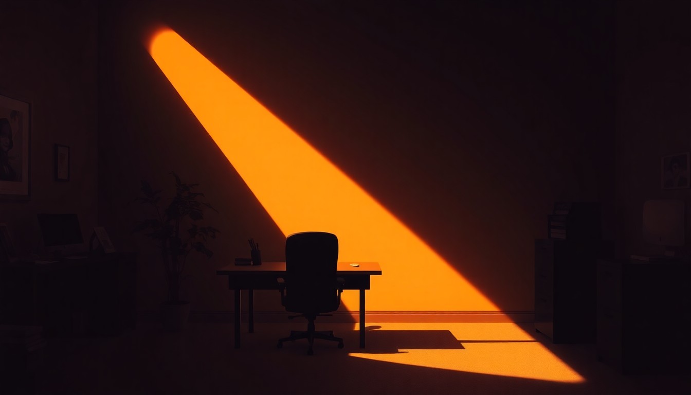 A dimly lit office space with a desk, chair, and potted plant, the scene bathed in warm, diagonal sunlight and deep shadows, conveying a sense of quiet contemplation and civic responsibility.