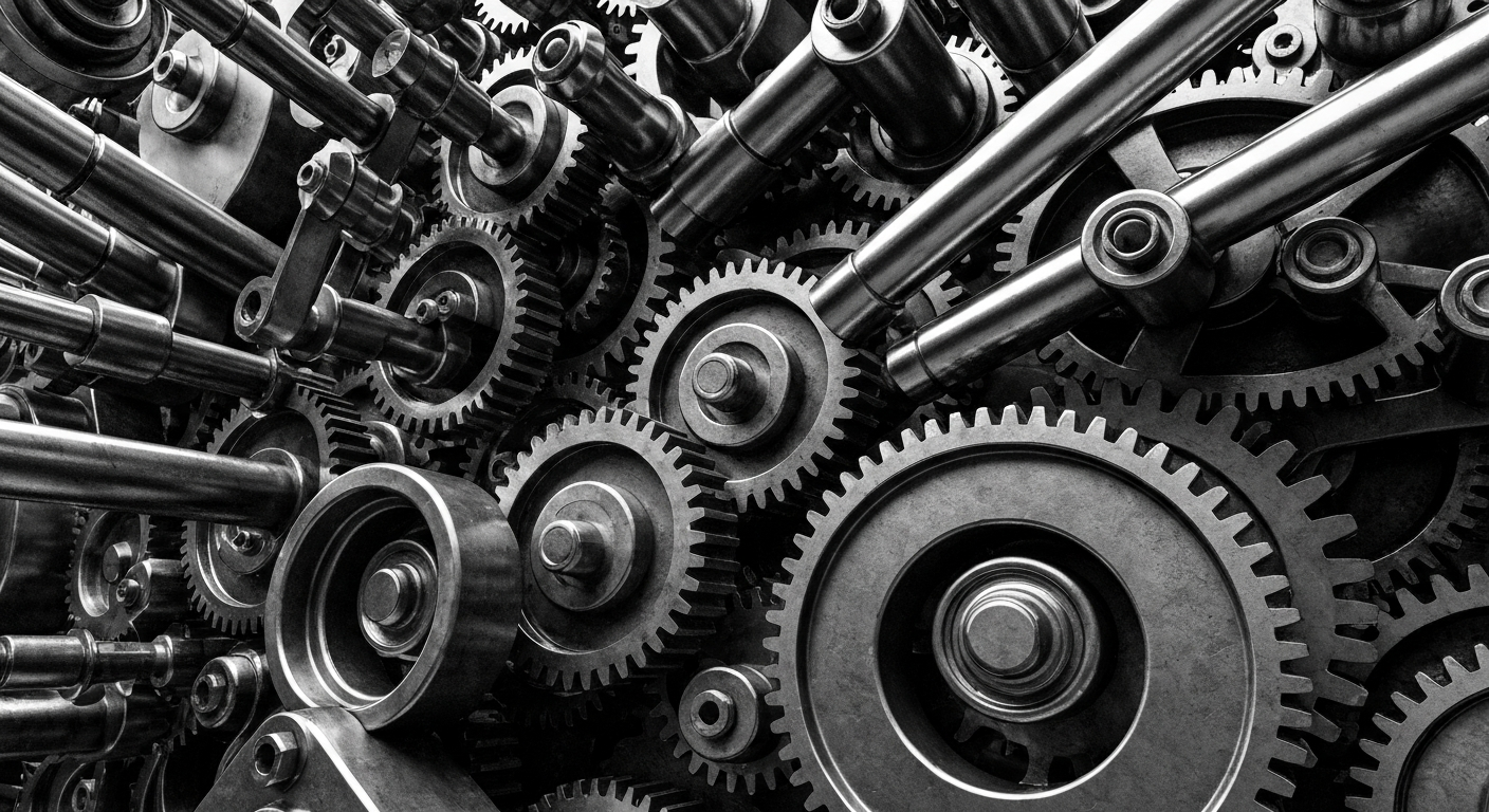 A high-contrast black and white close-up of intricate gears and levers, representing the complex machinery of the global financial system.