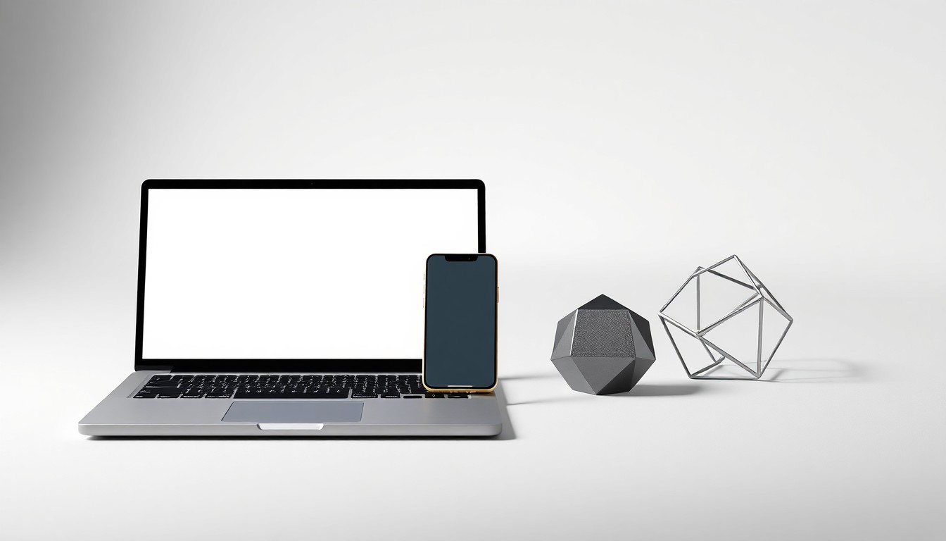 A minimalist, photorealistic studio still life featuring a sleek laptop, stylized mobile phone, and geometric metal paperweight, symbolizing the digital transformation and financial technology expertise of Bottomline.