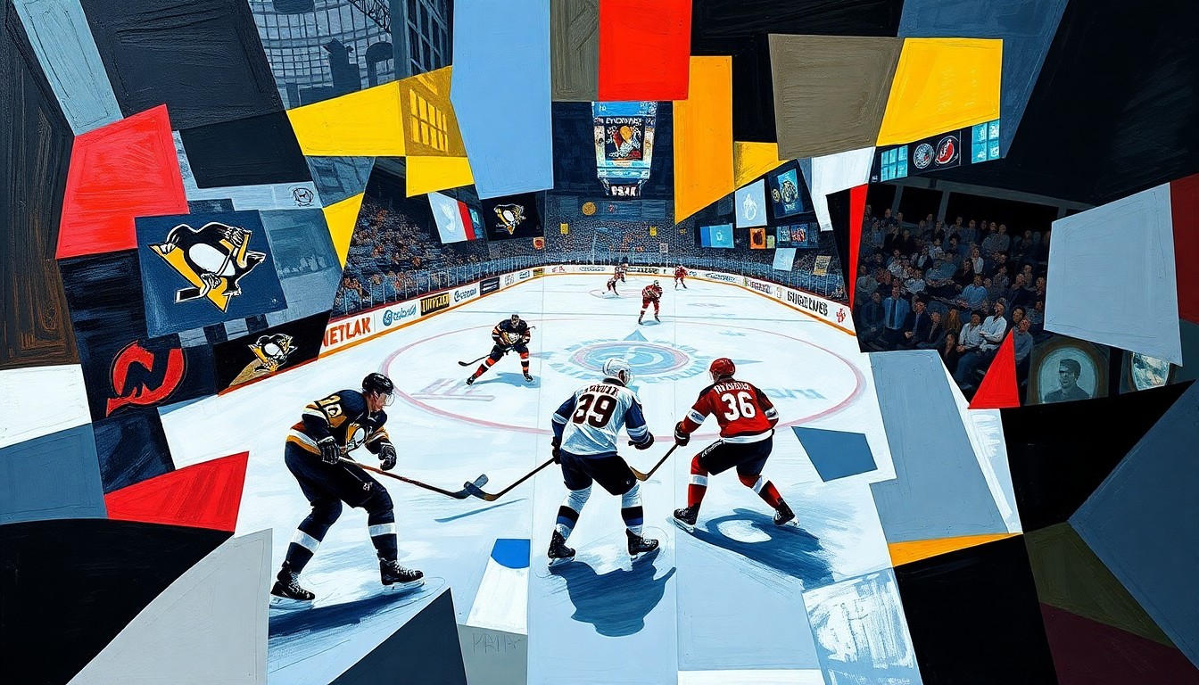 A cubist, geometric painting depicting the dynamic action of a hockey game between the Pittsburgh Penguins and New Jersey Devils, with the players' movements and the energy of the game captured through the fractured, overlapping planes of color and shape.