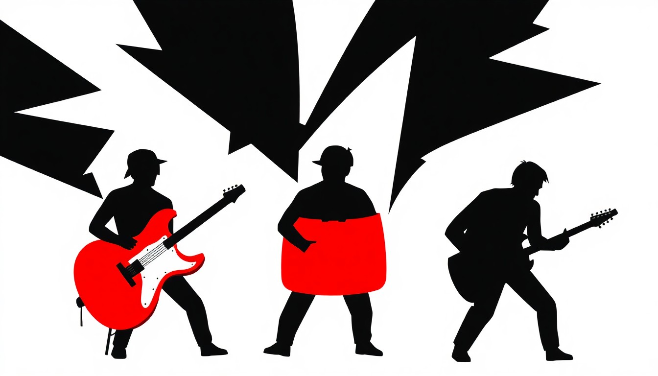 An abstract, minimalist illustration featuring sharp, angular shapes in black, white, and red, conceptually representing the recycled materials and sustainable spirit of the Garbage-men band's musical performances.