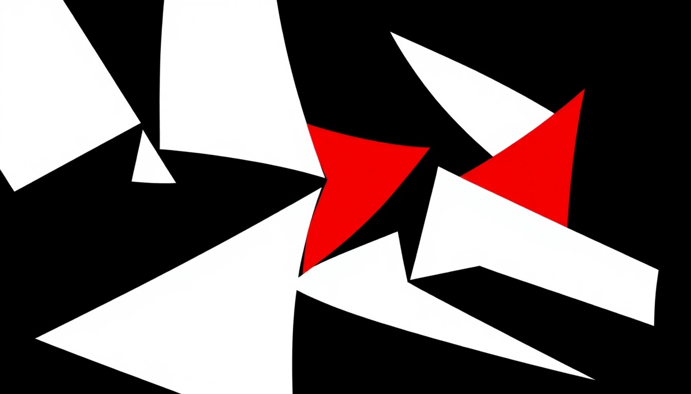 An abstract, minimalist illustration featuring bold, angular black shapes against a stark white background, conceptually representing the collaborative, acrobatic nature of Pilobolus' modern dance performances.