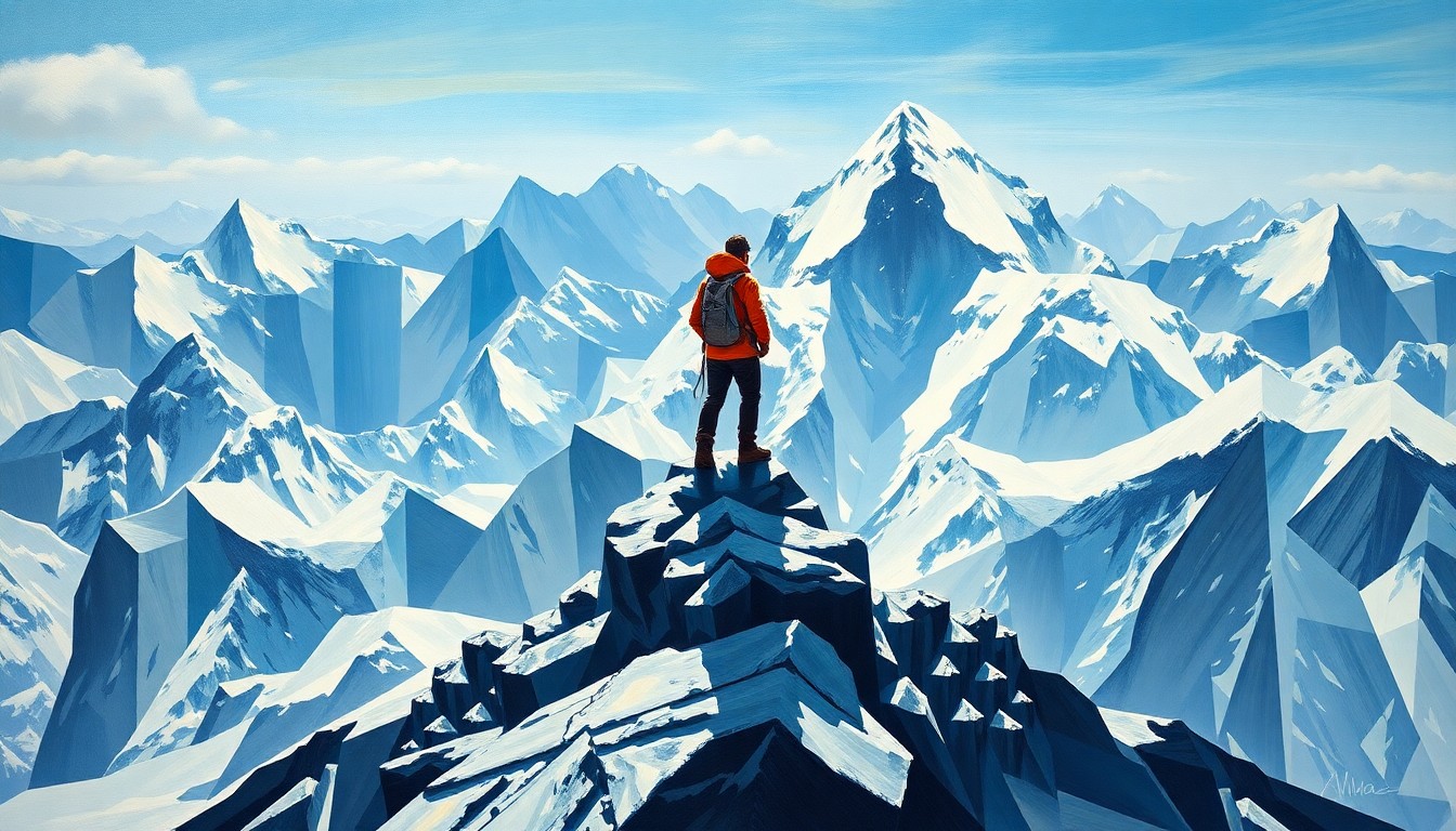 A cubist-style painting depicting the iconic image of a mountaineer standing atop a snowy peak, broken down into sharp, overlapping geometric shapes in a range of cool blues and whites.