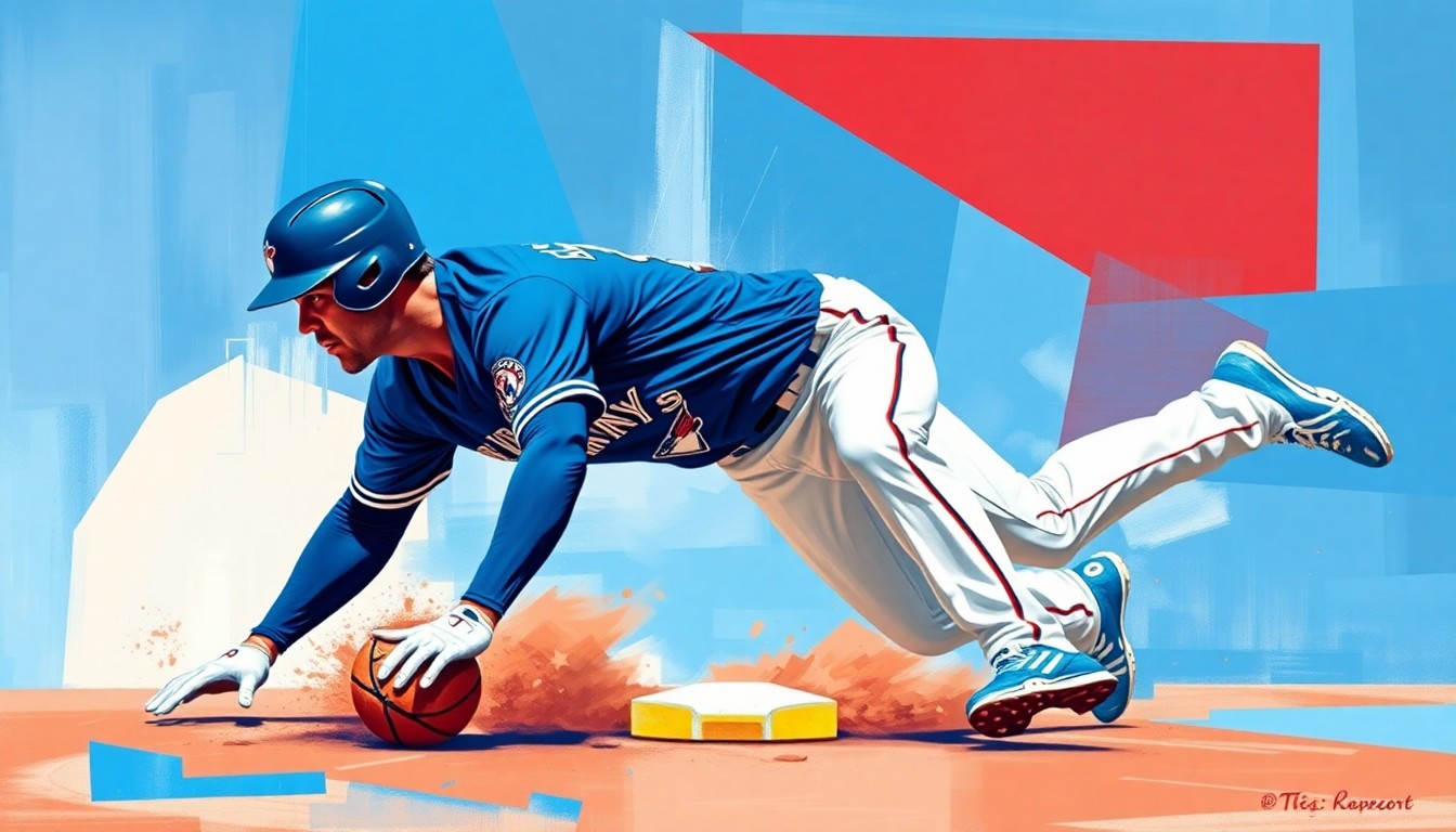 A cubist-style painting breaking down a baseball player sliding into a base into sharp, overlapping geometric planes in the colors of the Toronto Blue Jays' uniform.