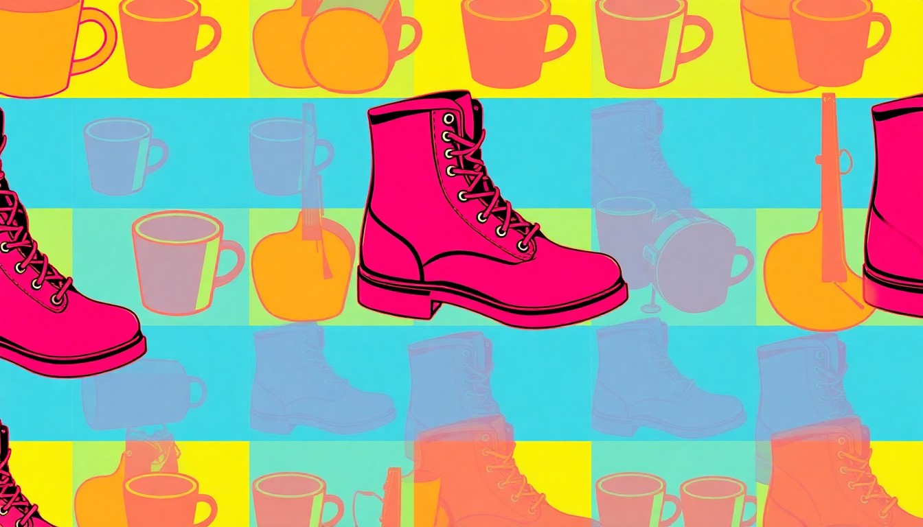 A brightly colored, high-contrast silkscreen print of a single, iconic Ramona lifestyle object such as a coffee cup or hiking boot repeated in a tight grid pattern, capturing the diverse activities and gatherings that bring the town together.