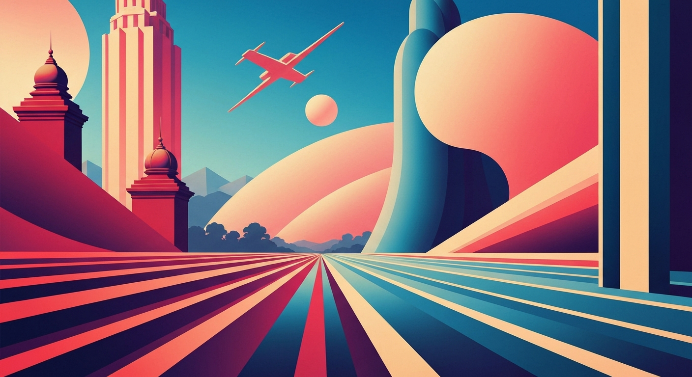 A highly stylized, geometric illustration depicting the towering architecture and sweeping landscape of a resort, capturing the grand scale and romance of travel without any literal depictions of people or text.