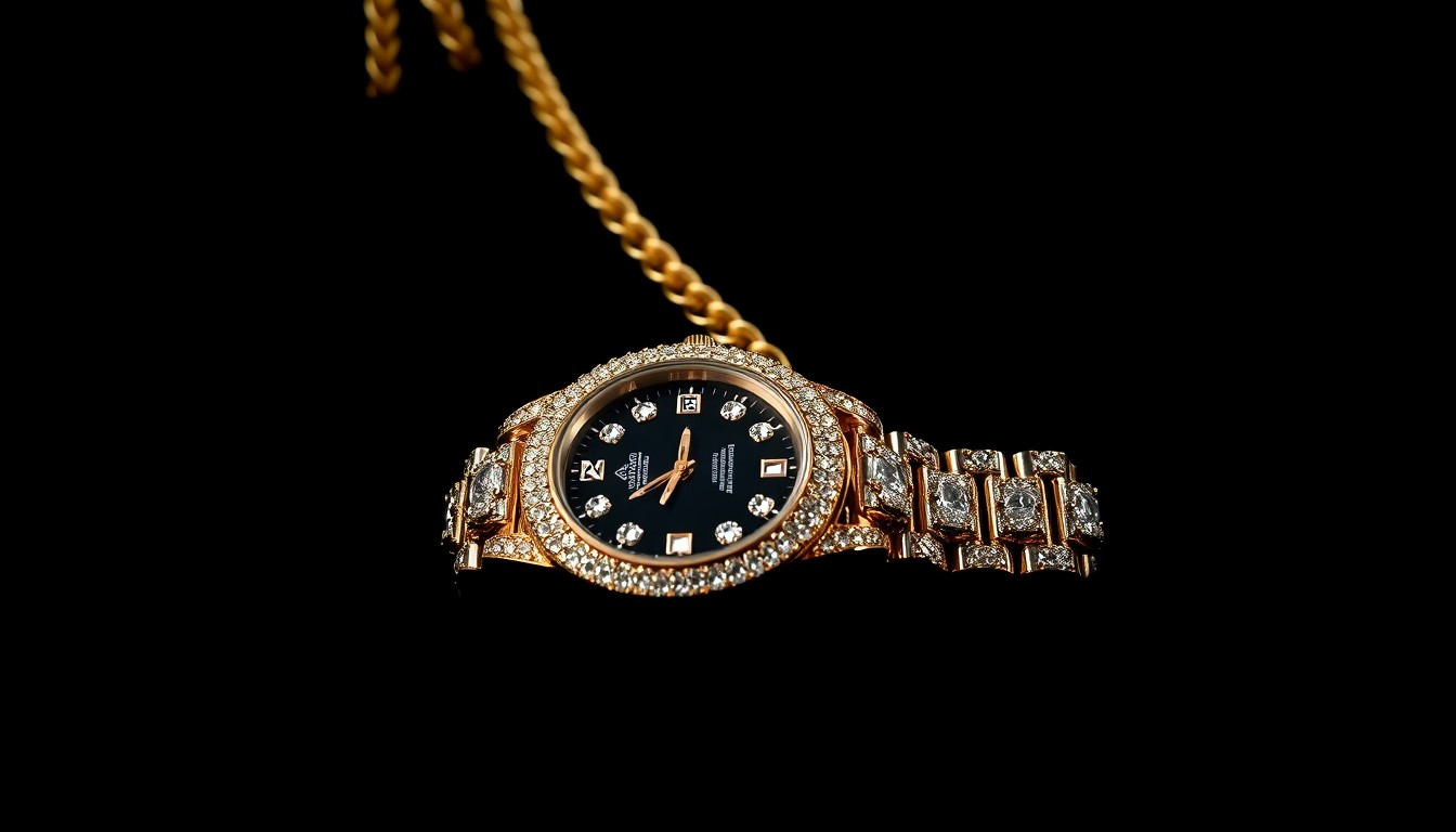 An extreme close-up photograph of a gold chain and diamond-encrusted watch against a pitch-black background, lit by a harsh, direct camera flash, conceptually representing the high-stakes, gritty nature of the alleged armed robbery in the music industry dispute.
