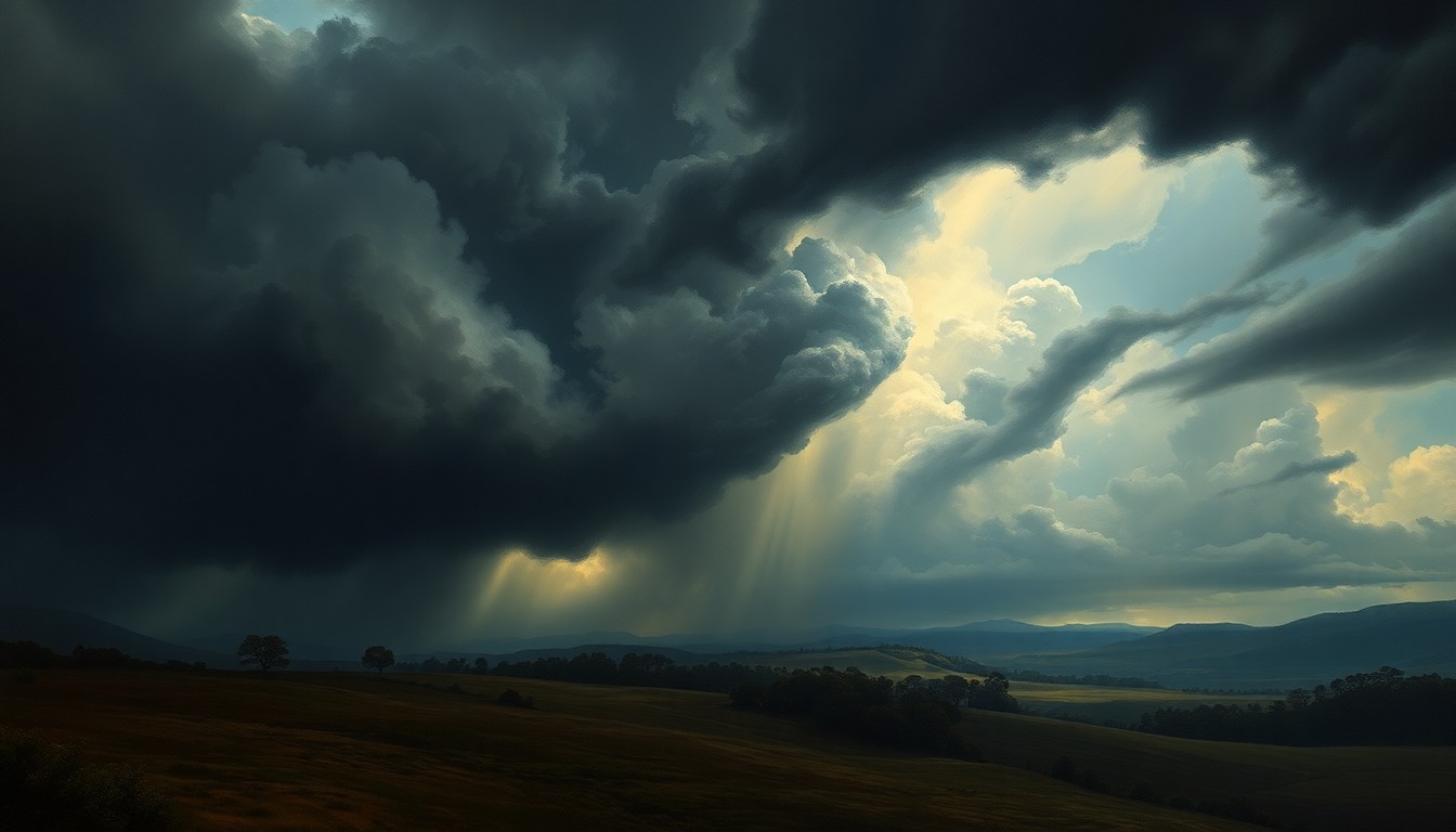A vast, atmospheric landscape painting depicting a dramatic thunderstorm, with dark, swirling clouds and dramatic lighting dominating the scene and dwarfing any physical structures or objects below.