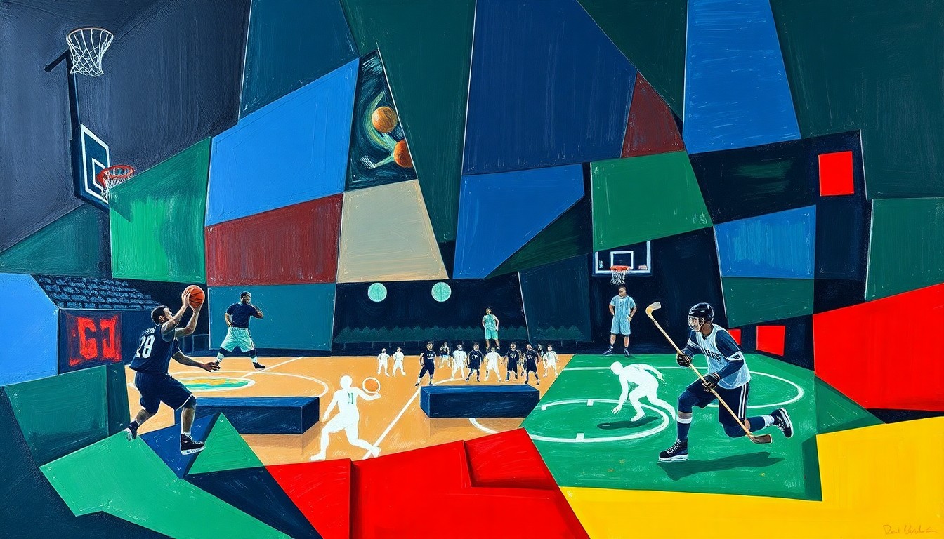 A fragmented, geometric painting depicting the dynamic movements and energy of a basketball game and hockey match, with sharp planes of navy, green, and red colors.