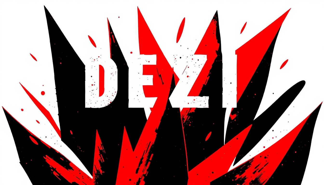 A striking, minimalist illustration featuring bold, angular shapes in deep red and black, conveying the soulful energy and dynamic stage presence of the performer Dezi 5.