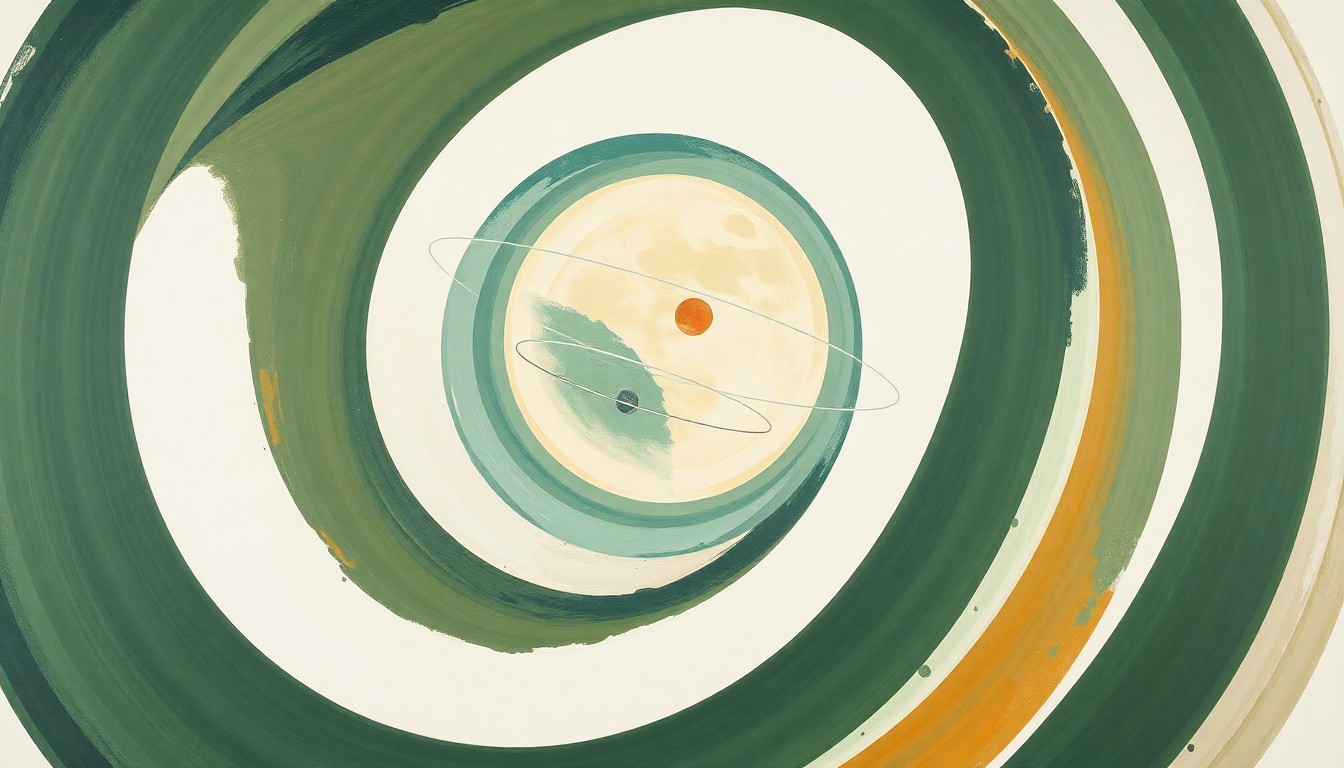 A highly structured abstract painting in soft earthy tones of green, blue, and orange, featuring sweeping geometric arcs, concentric planetary circles, and precise botanical spirals, conceptually representing the scientific complexity and structural order of the Artemis II mission's journey to the moon.