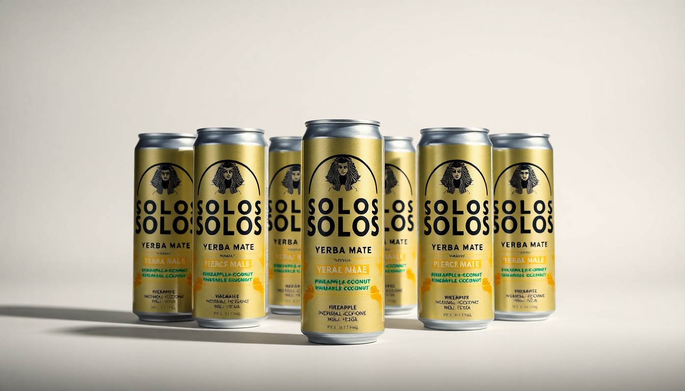 A high-end, photorealistic studio still-life photograph featuring a clean, monochromatic display of sleek, metal SOLLOS Yerba Mate cans in the Pineapple + Coconut flavor, using dramatic lighting and shadows to convey a sense of sophistication and luxury.