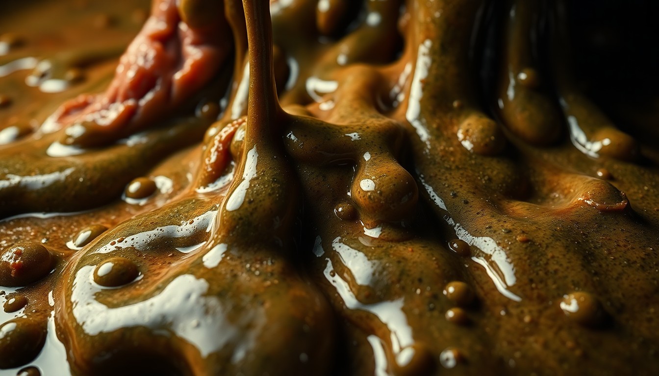 An extreme close-up of melting, dripping human flesh and viscous green-brown sludge, captured in a high-contrast, high-fashion glamour aesthetic that is both visually striking and conceptually unsettling.