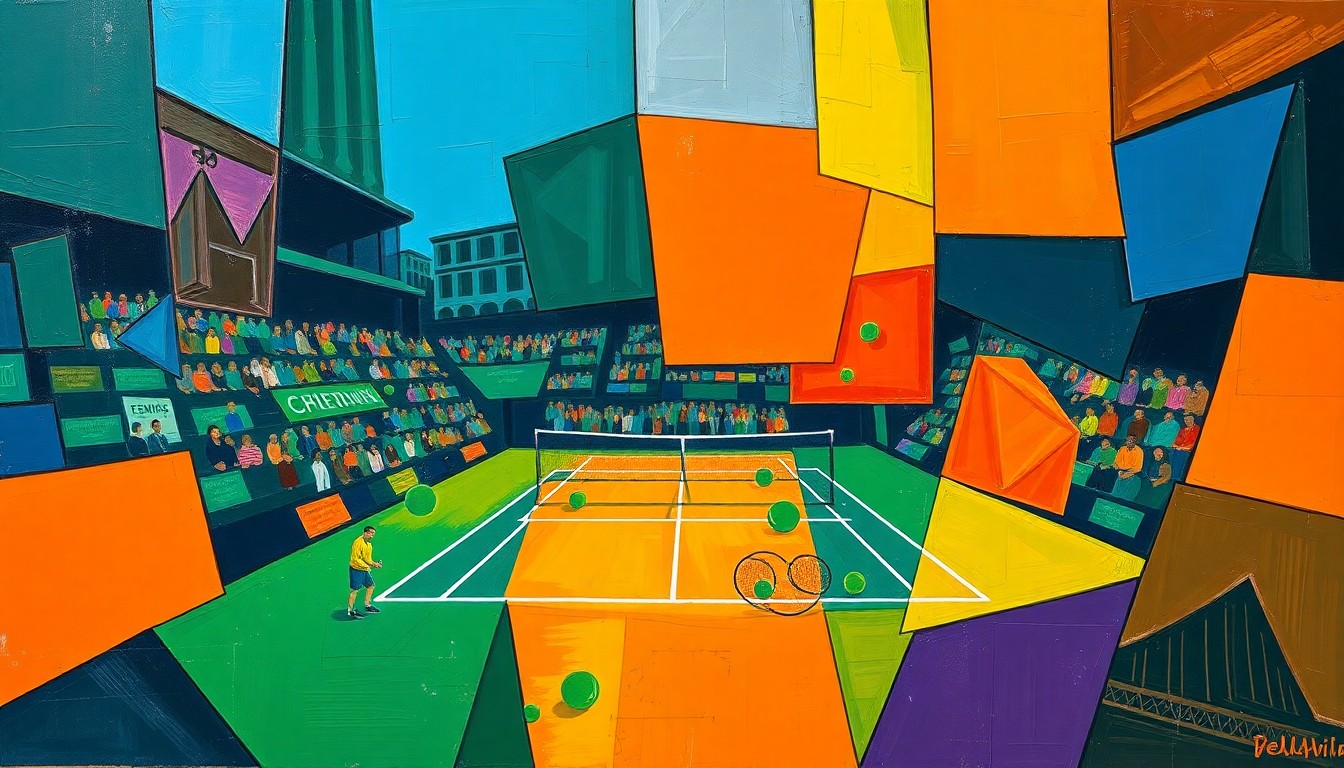 A cubist, geometric painting depicting a tennis match or competition, with sharp, overlapping planes of navy blue, forest green, and bright orange, conveying the energy and determination of an athlete's comeback.