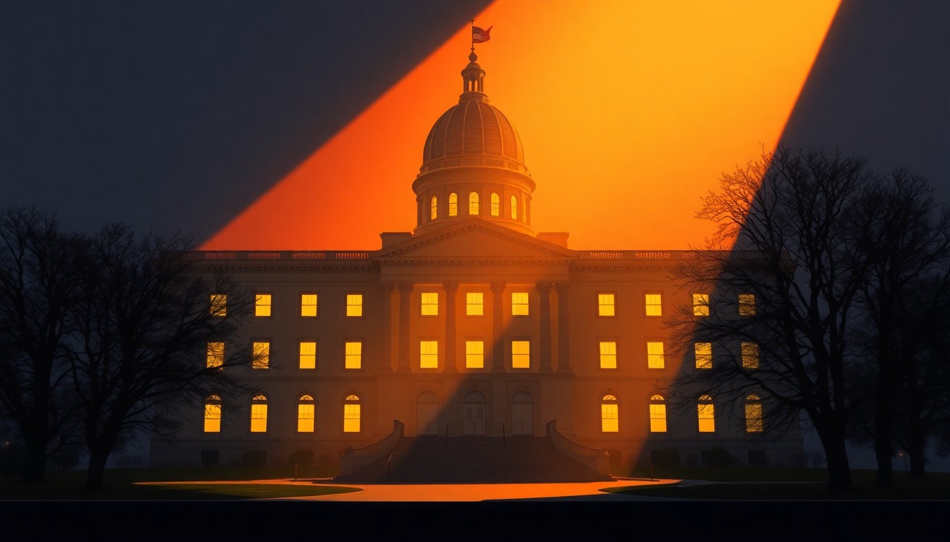 A photorealistic painting of an Iowa state capitol building in warm, golden sunlight, with deep shadows across the facade, conveying a sense of quiet contemplation around the property tax reform efforts.