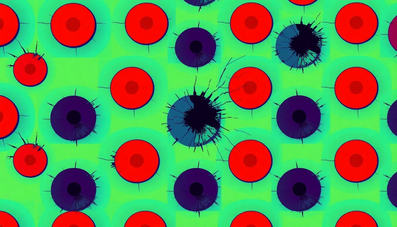 An extreme close-up of a shattered Waymo sensor lens repeated in a grid, conceptually illustrating the vandalism of self-driving cars.