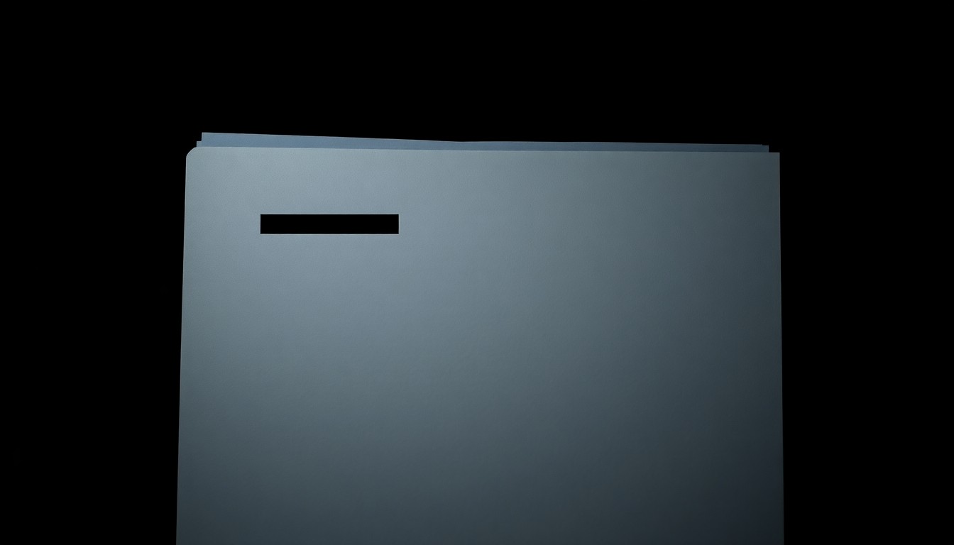 An extreme close-up photograph of a redacted government document or classified file folder, lit by a harsh direct camera flash against a pitch-black background, creating a stark, gritty, investigative aesthetic.