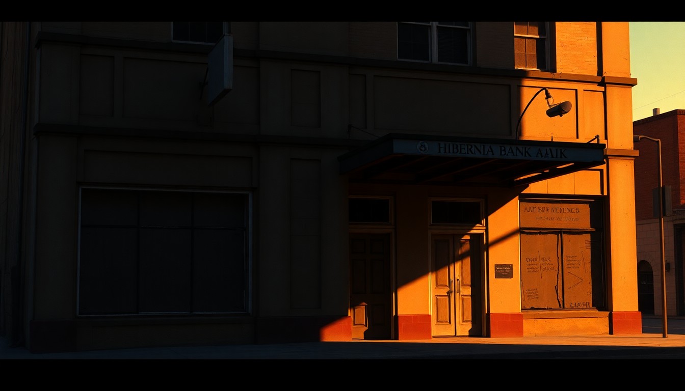An oil painting depicting the exterior of an old, weathered bank building in Abbeville, Louisiana, with boarded-up windows and peeling paint, conveying a sense of civic decay and political inaction.