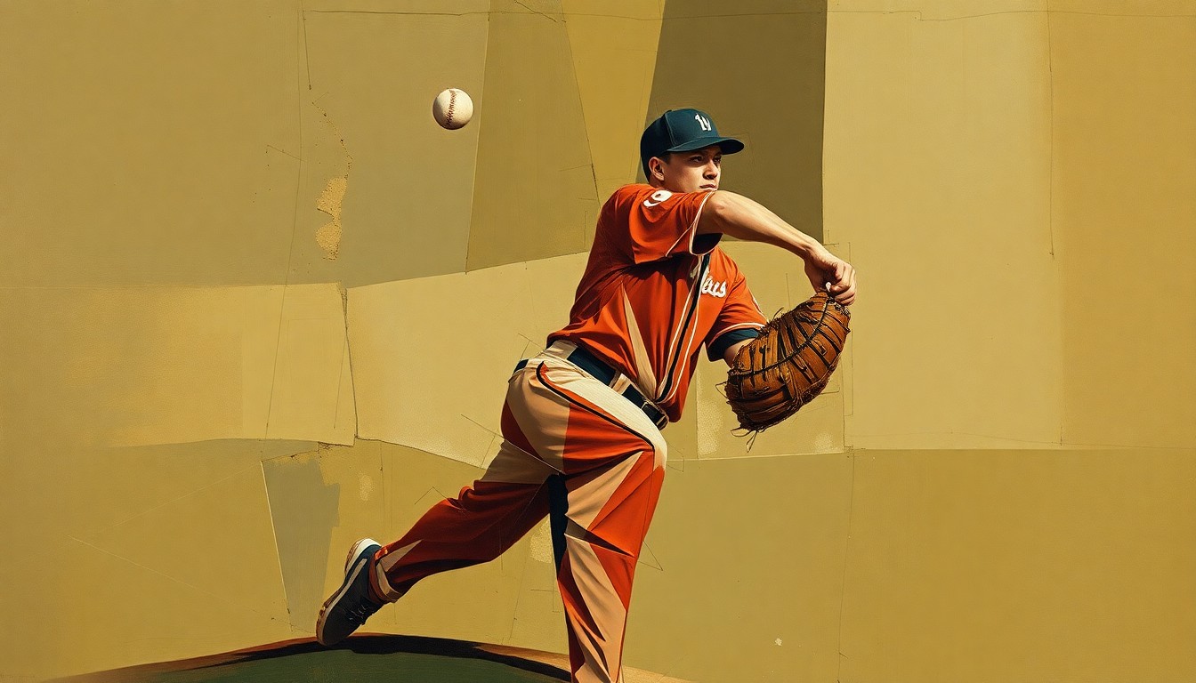 A fractured, geometric painting depicting a baseball pitcher's throwing motion broken down into sharp, overlapping planes of muted earth tones.