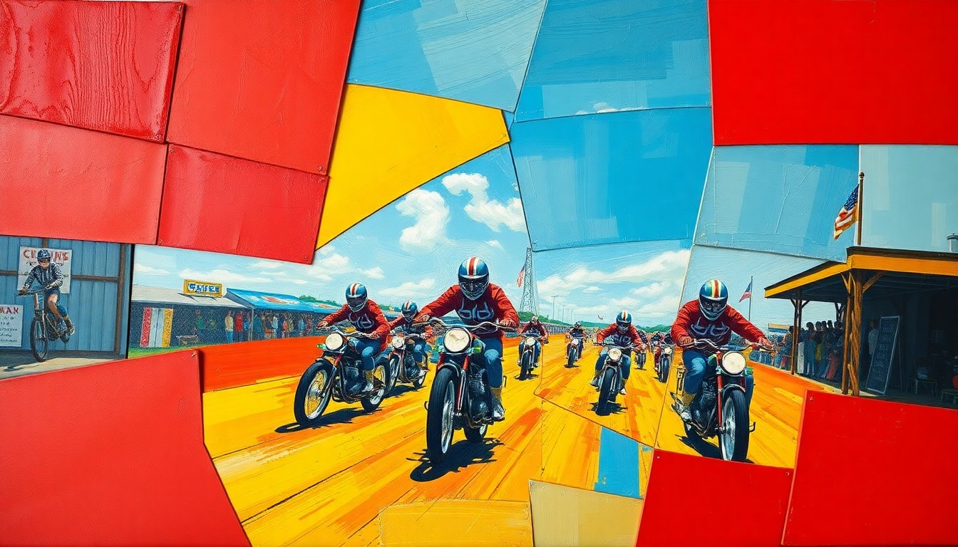 A fractured, multi-perspective painting in a cubist style, depicting a vintage motorcycle race at the Du Quoin State Fairgrounds. Vibrant colors of red, blue, and yellow are used to capture the energy and movement of the event.