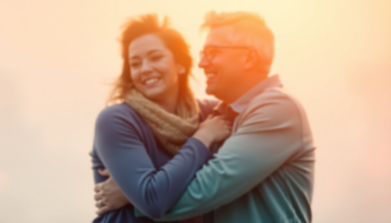 A dreamy, impressionistic photograph of two couples embracing and smiling, their faces and forms softly blurred in a hazy, colorful setting that evokes the joy and surprise of their shared wedding experience.