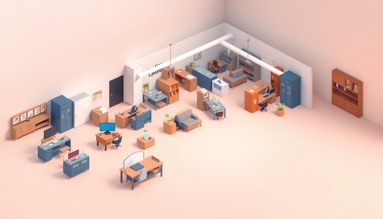 A stylized, isometric 3D illustration depicting a miniature, conceptual Ashley Furniture manufacturing facility, with various workstations, machinery, and products arranged in a clean, modern diorama against a soft pastel background.